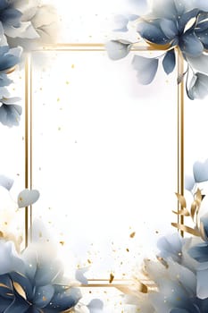 Gold frame in the middle of a white blank around the ornament of blue and gold flowers. New Year fun and festivities.