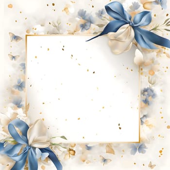 Gold frame in the middle blank around decorations of blue and white flowers and bows. New Year fun and festivities.