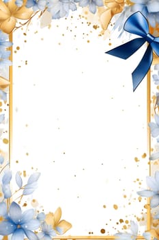 White blank with space for your own content, around decorations of white, blue and gold flowers and bows with confetti. New Year fun and festivities.