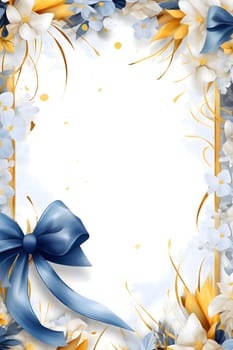 White blank with space for your own content, around decorations of white, blue and gold flowers and bows with confetti. New Year fun and festivities.