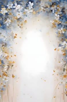 White blank with space for your own content, around decorations of white, blue and gold flowers with confetti. New Year fun and festivities.