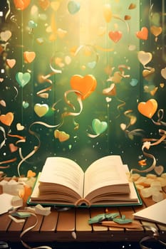Open book, on a green background falling hearts confetti streamers. New Year's party and celebrations. A time of celebration and resolutions.