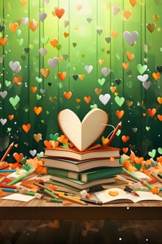 Books, on a green background falling hearts confetti streamers. New Year's party and celebrations. A time of celebration and resolutions.