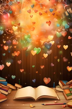 Open book wooden top and colorful hearts falling from above. New Year's party and celebrations. A time of celebration and resolutions.