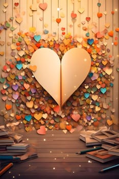 Large heart around the book, pencils and colorful confetti hearts. New Year's party and celebrations. A time of celebration and resolutions.