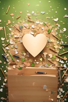 Heart scattered pencils and confetti hearts on a green background. New Year's party and celebrations. A time of celebration and resolutions.