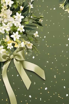 Decorations with white flowers and bows green background with space for your own content with confetti. New Year's party and celebrations. A time of celebration and resolutions.