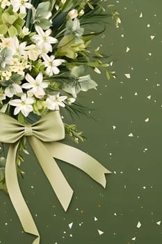Decorations with white flowers and bows green background with space for your own content with confetti. New Year's party and celebrations. A time of celebration and resolutions.