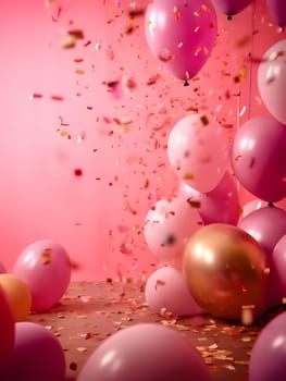 Colorful; pink, red, white balloons and confetti. New Year's party and celebrations. A time of celebration and resolutions.