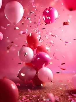 Colorful; pink, red, white balloons and confetti. New Year's party and celebrations. A time of celebration and resolutions.