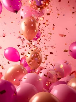 Colorful; pink, red, white balloons and confetti. New Year's party and celebrations. A time of celebration and resolutions.