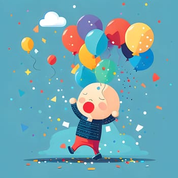 Illustration of a cheerful boy with colorful balloons and confetti on a blue background. New Year's party and celebrations. A time of celebration and resolutions.