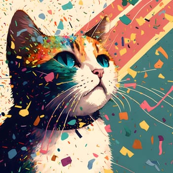 Illustration of a cat and colorful confetti. New Year's party and celebrations. A time of celebration and resolutions.