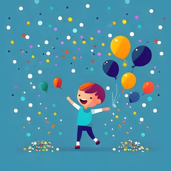 Illustration of a cheerful boy with colorful balloons and confetti on a blue background. New Year's party and celebrations. A time of celebration and resolutions.