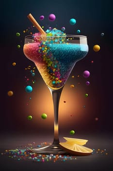 Illustration of a glass with champagne and confetti on a dark background. New Year's party and celebrations. A time of celebration and resolutions.