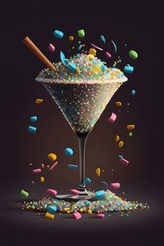 Illustration of a glass with champagne and confetti on a dark background. New Year's party and celebrations. A time of celebration and resolutions.