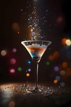 Illustration of a glass with champagne and confetti on a dark background. New Year's party and celebrations. A time of celebration and resolutions.