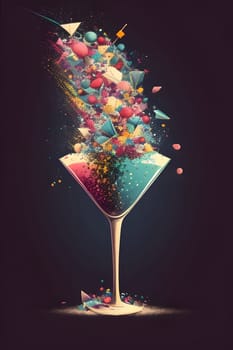 Illustration of a glass with champagne and confetti on a dark background. New Year's party and celebrations. A time of celebration and resolutions.