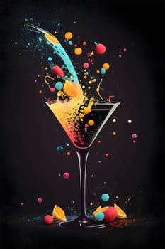 Illustration of a glass with champagne and confetti on a dark background. New Year's party and celebrations. A time of celebration and resolutions.