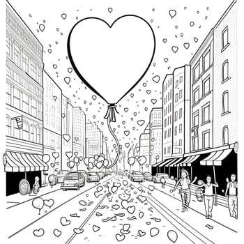 Urban streets, giant hearts, confetti. Black and white coloring sheet. New Year's party and celebrations. A time of celebration and resolutions.