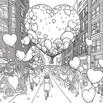 A giant heart, a crowd. People and confetti black and white coloring sheet. New Year's party and celebrations. A time of celebration and resolutions.