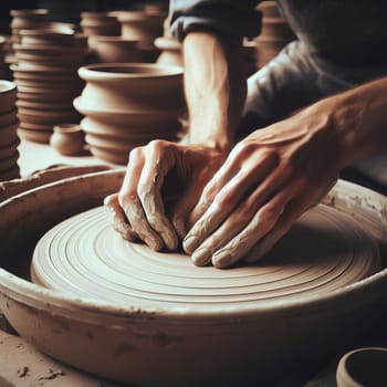 Male artisan hands shaping clay on a potter's wheel, surrounded by pottery pieces