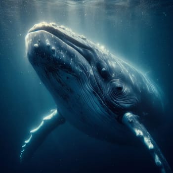 A blue whale swimming in the ocean with bubbles and light rays shining through the water