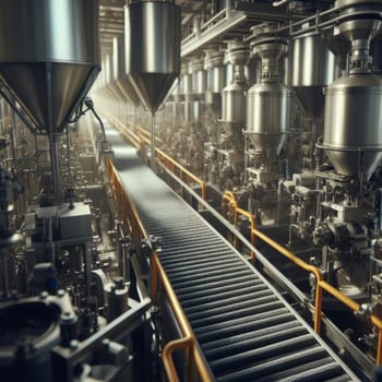 Modern industrial factory with rows of large metal tanks and pipes. The image is taken from a high angle and shows a conveyor belt running through the center of the factory