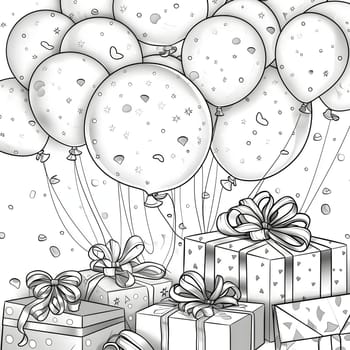 Balloons, gifts and confetti. Black and White coloring page. New Year's fun and festivities. A time of celebration and resolutions.