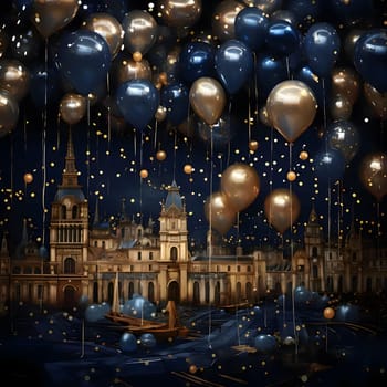 Illustration of golden blue balloons on the background of historic buildings of Venice. New Year's fun and festivities. A time of celebration and resolutions.