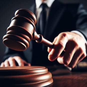 Close-up of a judge's hand holding a wooden gavel, about to strike it on the sound block