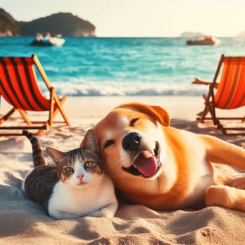 A heartwarming image of a dog and a cat enjoying a peaceful moment together on a beach, with deck chairs and a stunning ocean view in the background