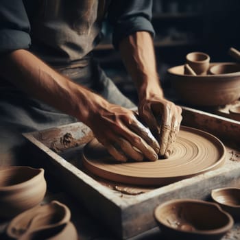 A moody image capturing a potter's hands skillfully shaping a clay pot on a pottery wheel