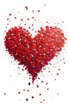 Red heart arranged with confetti on a white isolated background. New Year's fun and festivities. A time of celebration and resolutions.