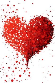Red heart arranged with confetti on a white isolated background. New Year's fun and festivities. A time of celebration and resolutions.