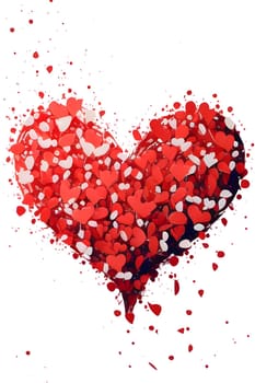 Red heart arranged with confetti on a white isolated background. New Year's fun and festivities. A time of celebration and resolutions.