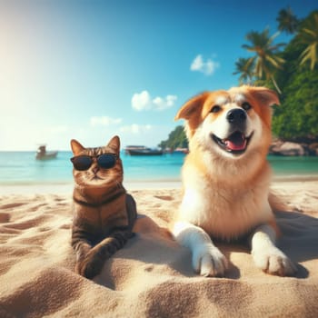 Cat in sunglasses and a smiling dog sit on a sunny beach, with blue skies, palm trees, and ocean in the background