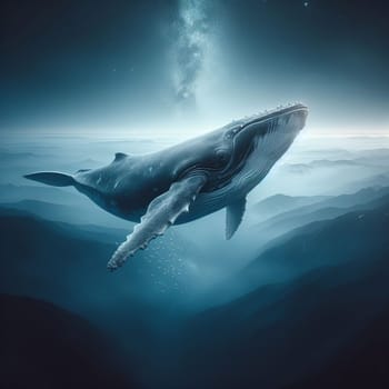 A surreal image of a humpback whale floating above a mountainous landscape under a starry sky