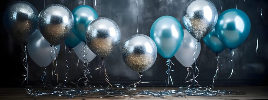 Blue and silver balloons.New Year's Eve background, banner with space for your own content. Blank space for the inscription.