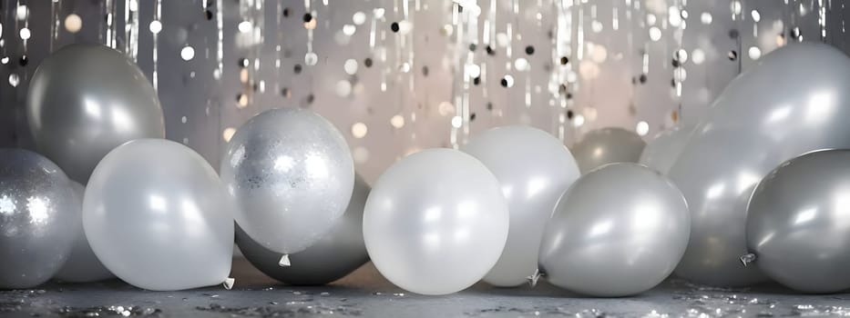 White and silver balloons with gold confetti in the background.New Year's Eve background, banner with space for your own content. Blank space for the inscription.