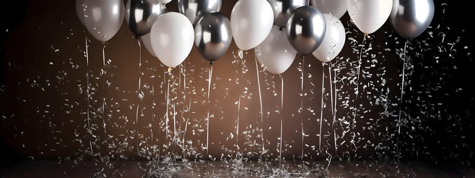 White and black balloons with bright confetti in the background.New Year's Eve background, banner with space for your own content. Blank space for the inscription.