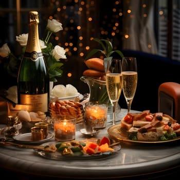 An elegantly set table with a bottle and glasses of champagne for a New Year's Eve feast. New Year's fun and festivities. A time of celebration and resolutions.