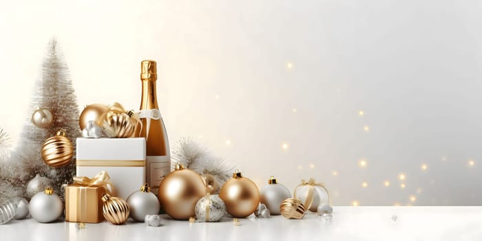 Gold and silver baubles champagne bottle small Christmas tree on white background.New Year's Eve background, banner with space for your own content. Blank space for the inscription.