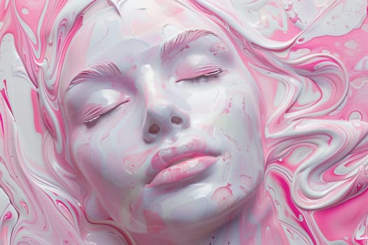 Abstract creative painting of shape of beautiful young woman with flowing pink oil paint, modern art