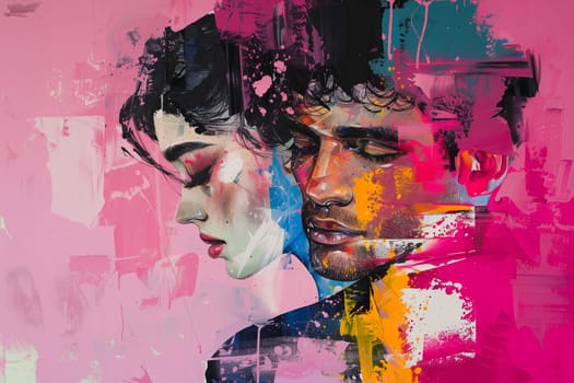 Abstract creative painting of beautiful young couple, woman and man on a pink background, modern art