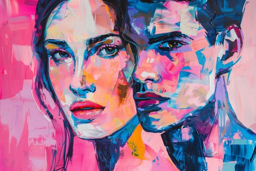 Abstract creative painting of beautiful young couple, woman and man on a pink background, modern art