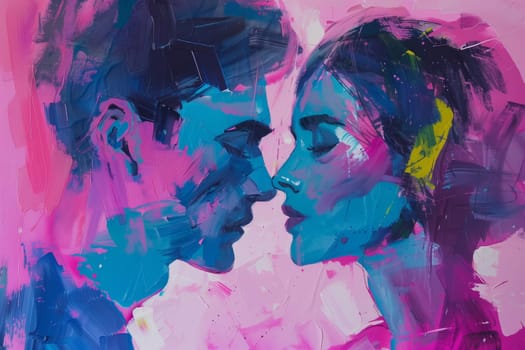 Abstract creative painting of beautiful young couple, woman and man on a pink background, modern art