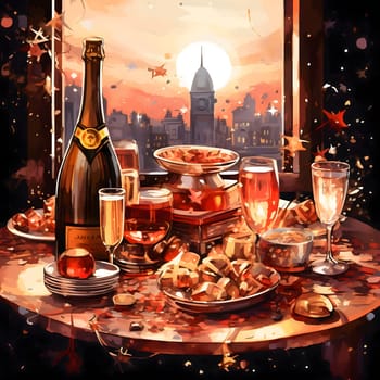 Illustration of a richly set table for a New Year's party. New Year's fun and festivities. A time of celebration and resolutions.