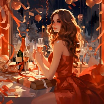 Illustration of a girl with a glass of champagne at a New Year's Eve table. New Year's fun and festivities. A time of celebration and resolutions.
