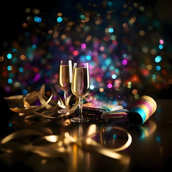 Champagne glasses with gold confetti and colorful bokeh effect in the background. New Year's fun and festivities. A time of celebration and resolutions.